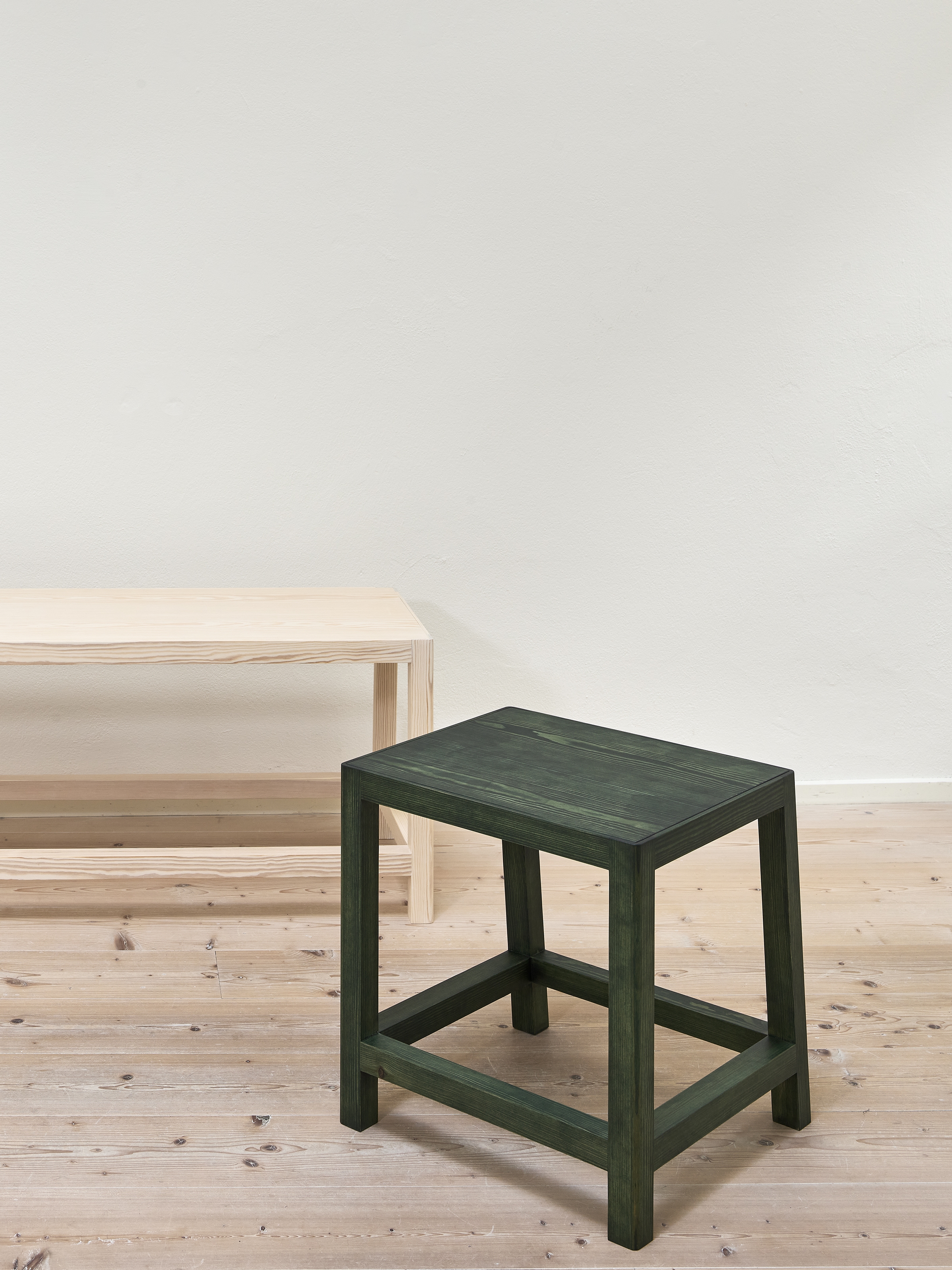 Workshop Stool in Forest Green together with Workshop Bench in White pigmented oil